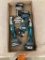 Box Lot, 2 Makita 18 Volt Impact Drivers, 2 Angle Drivers with 5 Batteries