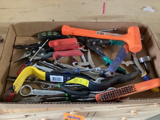 Box Lot, Tools , Mallet, Vise Grips, Nail Puller, Tin Snips, Needle Nose Pliers