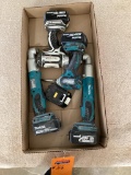 Box Lot, 2 Makita 18 Volt Impact Drivers, 2 Angle Drivers with 5 Batteries
