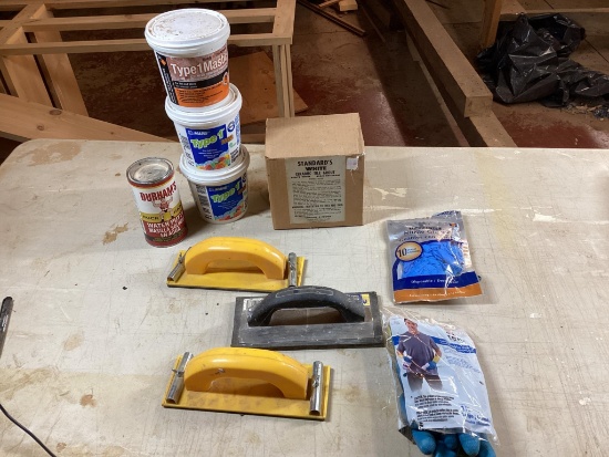 Box lot of tile and stone cement, rubber gloves, Hand Sanders