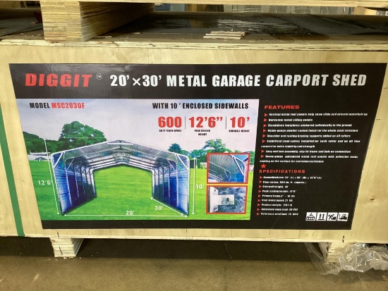 (Inv.102) New Unused Diggit 20' x 30' Model MSC2030F Metal Garage Carport with Enclosed Side Walls