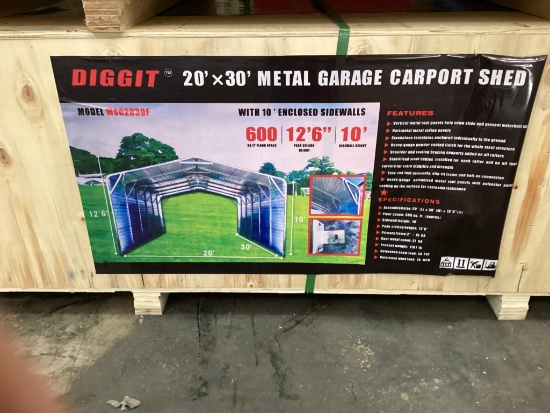 (Inv.35) New Unused Diggit 20' x 30' Model MSC2030F Metal Garage Carport with Enclosed Side Walls