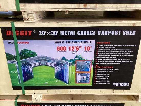(Inv.58) New Unused Diggit 20' x 30' Model MSC2030F Metal Garage Carport with Enclosed Side Walls