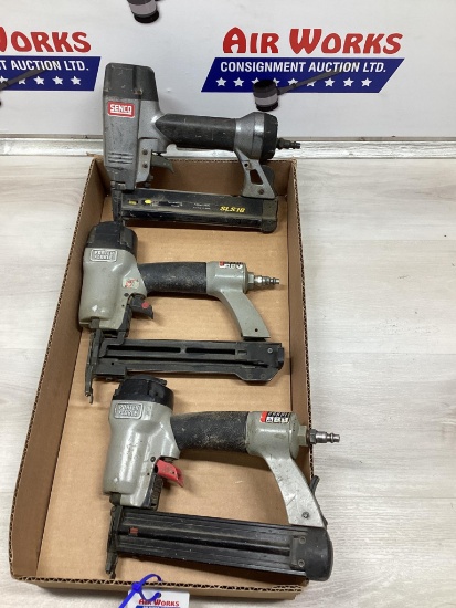 Box Lot 3 Air Tools, Senco Model SLS18 Brad Nailer, 2 Porter Cable Model NS150A Narrow Crown Stap...