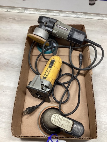 Box Lot, 3 Power Tools, Dynabrade Air Sander, Porter Cable Electric Sander, Dewalt Compact Router