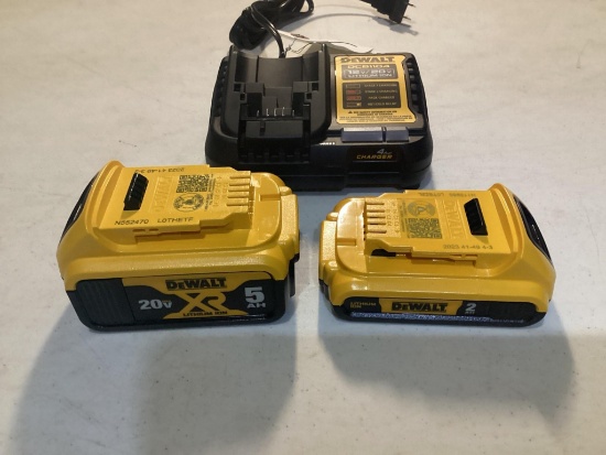 New Unused Dewalt Model DCB1104 Charger and 2 Lithium-Ion Batteries, 1- 5 ah and 1- 2 ah Battery