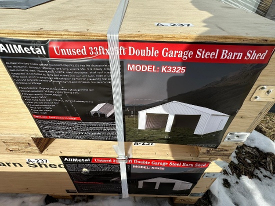 Unused 33ft x 25 ft. Double garage steel barn shed