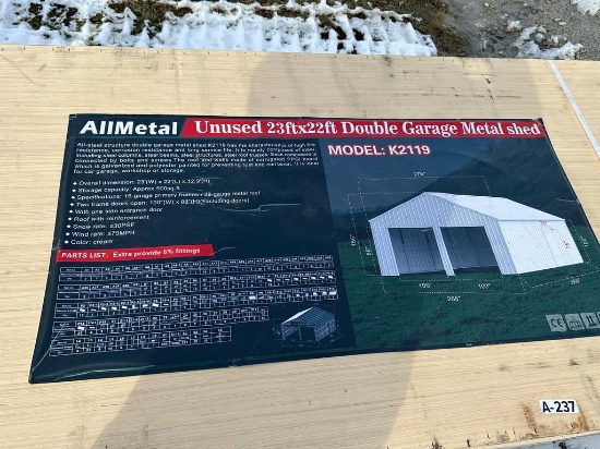 Unused 22 x 23 Double Garage Metal Shed