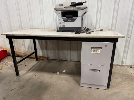 Dehnco 33''x68'' Desk with 2 Drawer File Cabinet and Brother Printer