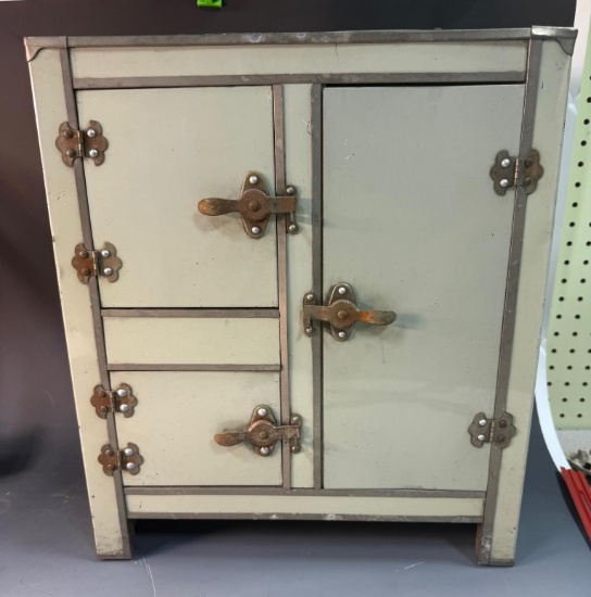 Vintage IC Saxon Child's Metal Ice Box, 16 wide, 18.5 inches tall