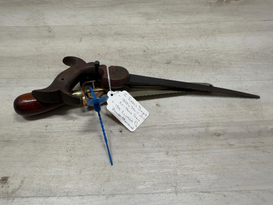 2 EARLY SAWS - 1850'S SPLIT NUT, CUNNEEN CO. BRONZE HACKSAW, PAT'D 1924
