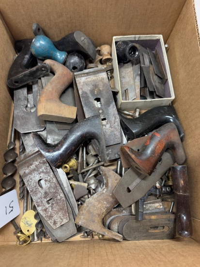 BOX LOT OF PLANE PARTS- HANDLES, BLADES, KNOBS, ETC.