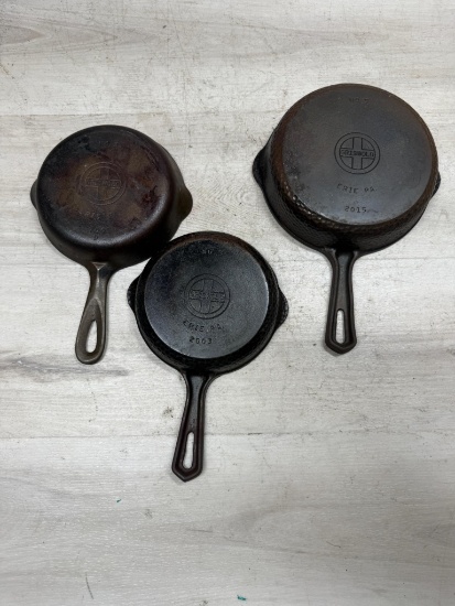3- Griswold Skillets, 2- no. 3 Small block and no. 5 Small block, one 3 and the 5 are hammered