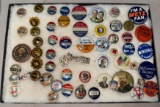 Display case with asst. pinback buttons, most appear original