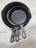 3- Wagnerware cast iron skillets w/ heat rings, nos. 5,8, and 9