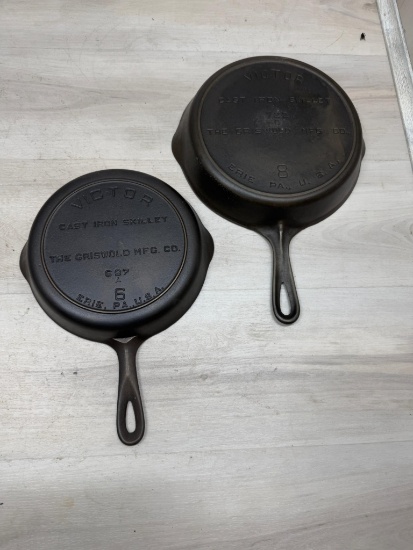 Victor no. 6 and 8 Cast Iron Skillets w/ heat rings