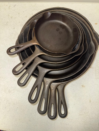 7 Piece Griswold Small Block Cast Iron Skillet Set, sizes 3,4,5,6,8,9,10