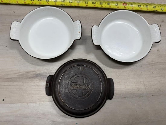 3- Griswold no. 83 Cast Iron Egg Servers, all are enameled coated on inside surface