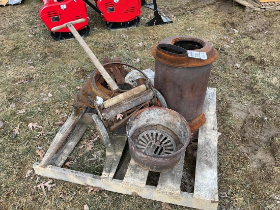 Pallet Lot, Cast Iron Stove, Old Lawn Mower