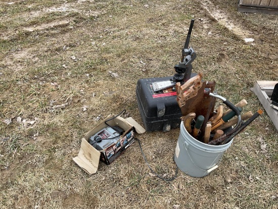 Bucket Of Hand Tools, Sears Wet Wheel Sharpener, Craftsman Vacuum and Circular Saw