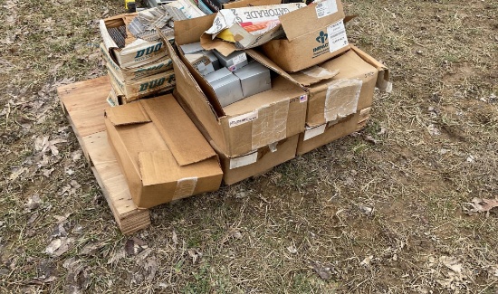 Pallet Lot Of Fasteners, 1/4" Staples, Welding Rod, Duo-Fast 2 3/8" Spiker Nails