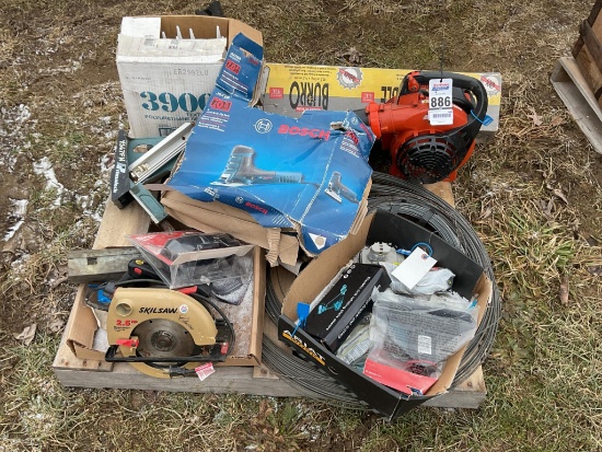 Pallet Lot, Bosch Electric Jig Saw, Flooring Nailer, Caulking, Metal Sawhorses, Rolls Of Wire