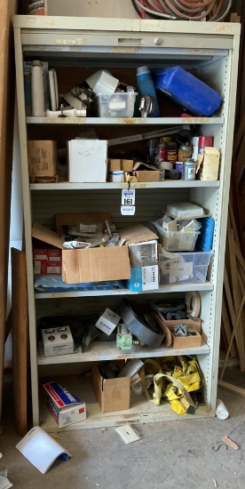 Metal Sliding Door Storage Cabinet With Contents, Electrical Supplies, First Aid Kit, Safety Harness