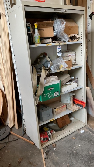 Metal Sliding Door Storage Cabinet With Contents, Breaker Boxes, Grease Guns, Soldering Kit