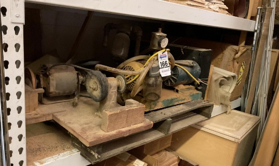Contents Of Second Shelf Of Lot 105, Dench Top Grinder, Vacuum Pump, New Wooden Shelf In Box