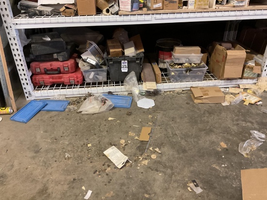 Contents On Bottom Shelf Of Lot 107, 10 Plus Empty Tool Cases, Door Hardware, Dowels, Hole Plugs