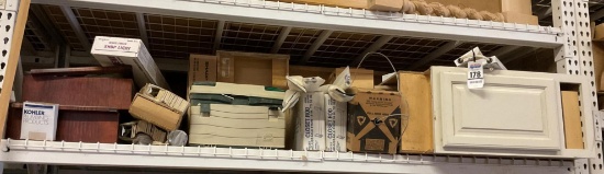 Contents On 4th Shelf Of Lot 107, Wooden Cabinet, Tackle Box Of Door Hardware, Closet Rods, Wire
