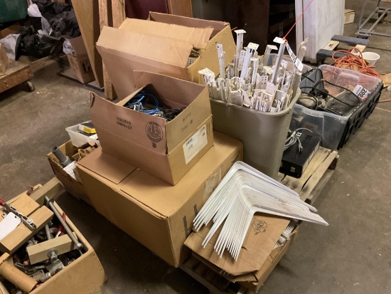 Pallet Lot Of Shelf Brackets, Com wire, Drawer Slides, Recessed Light Sockets, Door Latches, Phones