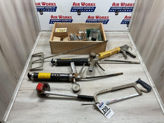 Box Lot, 2 Hydraulic Grease Guns, Hack Saw, Mixing Attachment, Measuring Wheel, Lag Bolts, Nails