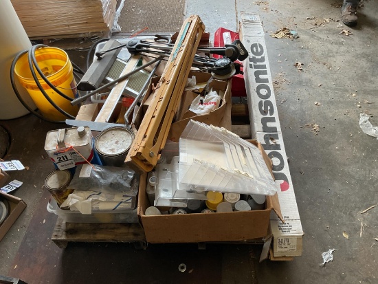 Pallet Lot, Fasteners, Stains, Vinyl Toe Mold, Folding Saw Horse, Crow Bar
