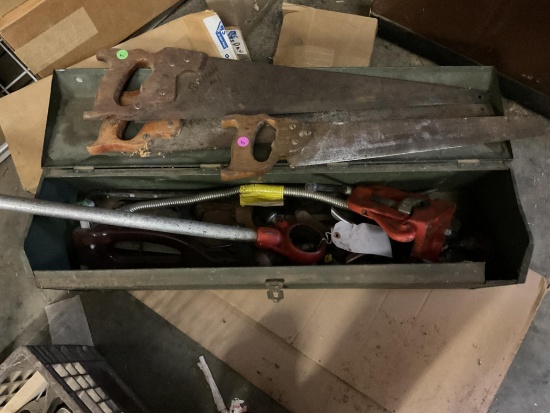 Tool Box and Contents, Hand Saws, Pipe Clamp, Hand Tools
