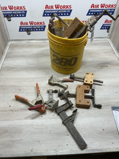 Bucket Of Misc Bar Clamps, Hold Down Clamps and Spring Clamps