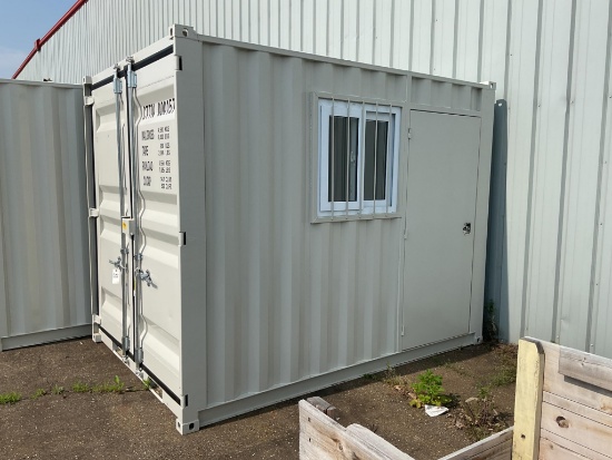 New Unused 12' Shipping Container With End Doors, Side Door, Window, Fork Pockets
