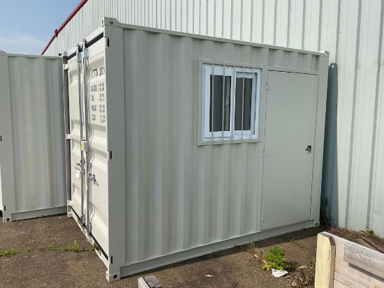 New Unused 10' Shipping Container With End Door, Side Door, Window, Fork Pockets