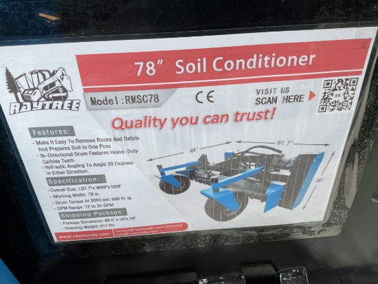 New Unused Raytree RMSC78 Soil Conditioner Skid Loader Attachment, 78" Wide Drum