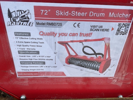 New Unused Raytree RMBD72 Forestry Mulcher Skid Loader Attachment, 72" Wide Drum, Heavy Duty
