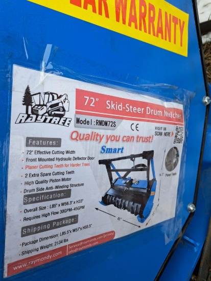 New Unused Raytree RMDM72S Forestry Drum Mulcher Skid Loader Attachment, 72" Cutting Width