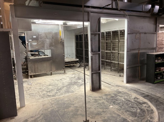 R S Sheet Metal Spray Booth with 2 Vent Fans and Roof Top Stack, 247" x 240" x 99" High