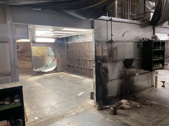 R S Sheet Metal Spray Booth with 2 Vent Fans and Roof Top Stack, 200" x 240" x 99" High