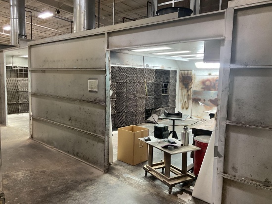 R S Sheet Metal Spray Booth with 2 Vent Fans and Roof Top Stack, 200" x 240" x 99" High
