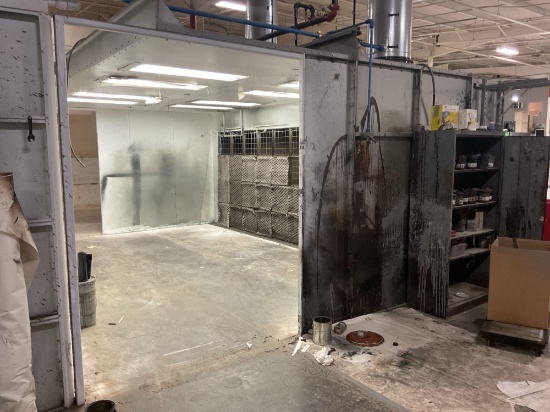 R S Sheet Metal Spray Booth with 2 Vent Fans and Roof Top Stack, 200" x 245" x 96" High