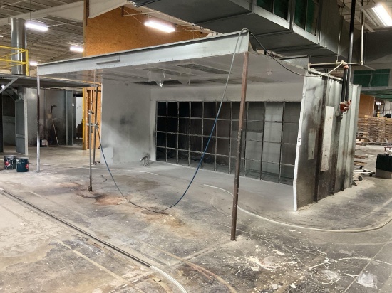 R S Sheet Metal Spray Booth with Vent Fan and Roof Top Stack, 194" x 244" x 106" High