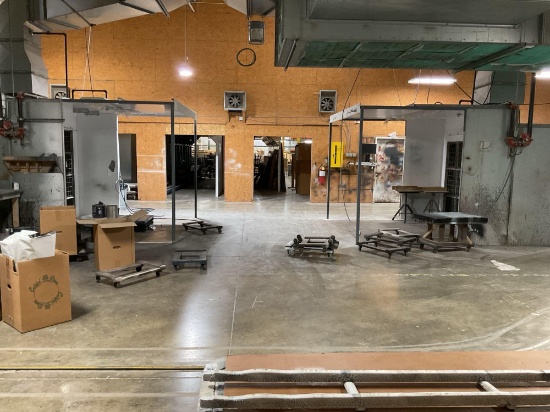 2 R S Sheet Metal Spray Booth with Vent Fan and Roof Top Stack, 144" x 124" x 99" High