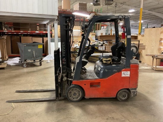 Toyota 8FGCU18 Forklift, 13,447 Hours, 3 Stage Mast, LPG, 3000 Lbs. Cap, Side Shift, No Tank,