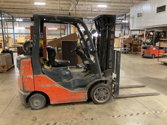 Toyota 8FGCU25 Forklift, 4500 Lbs. Cap, 3 Stage Mast Side Shift, LPG, 18,302 Hrs. No Tank, Reserved