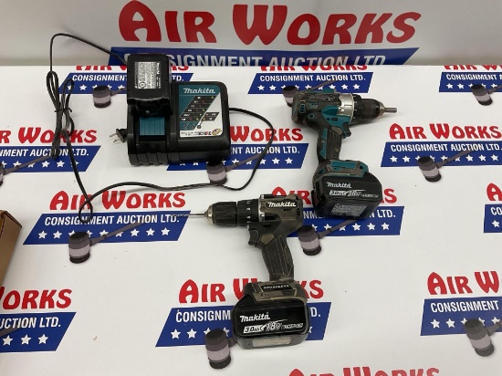 Box Lot, 2 Makita Drills with 3 Batteries and Charger,
